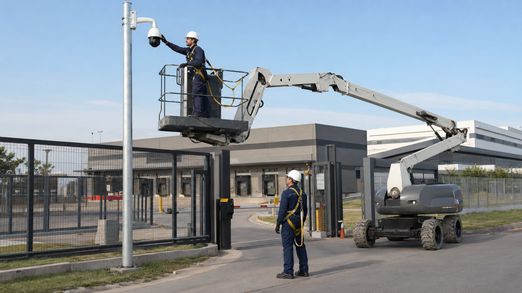 Dos técnicos especializados realizan mantenimiento preventivo de una cámara de seguridad en un acceso industrial