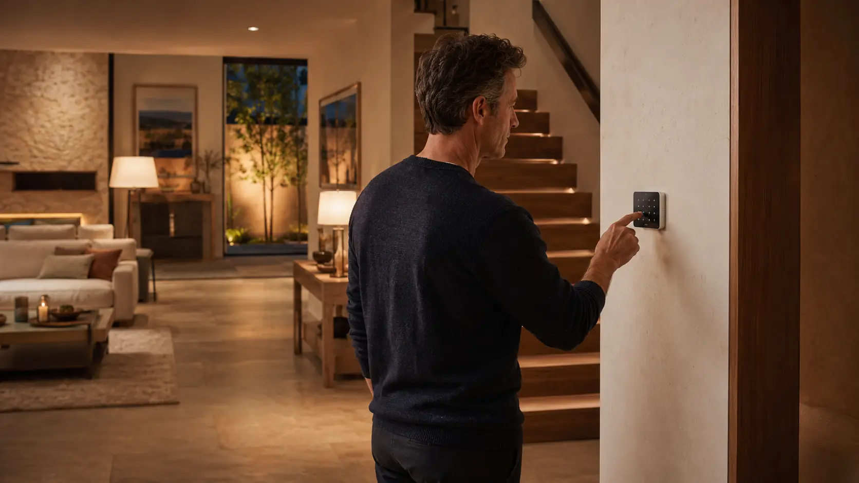 Persona activando un teclado de alarma en una vivienda familiar de alta gama