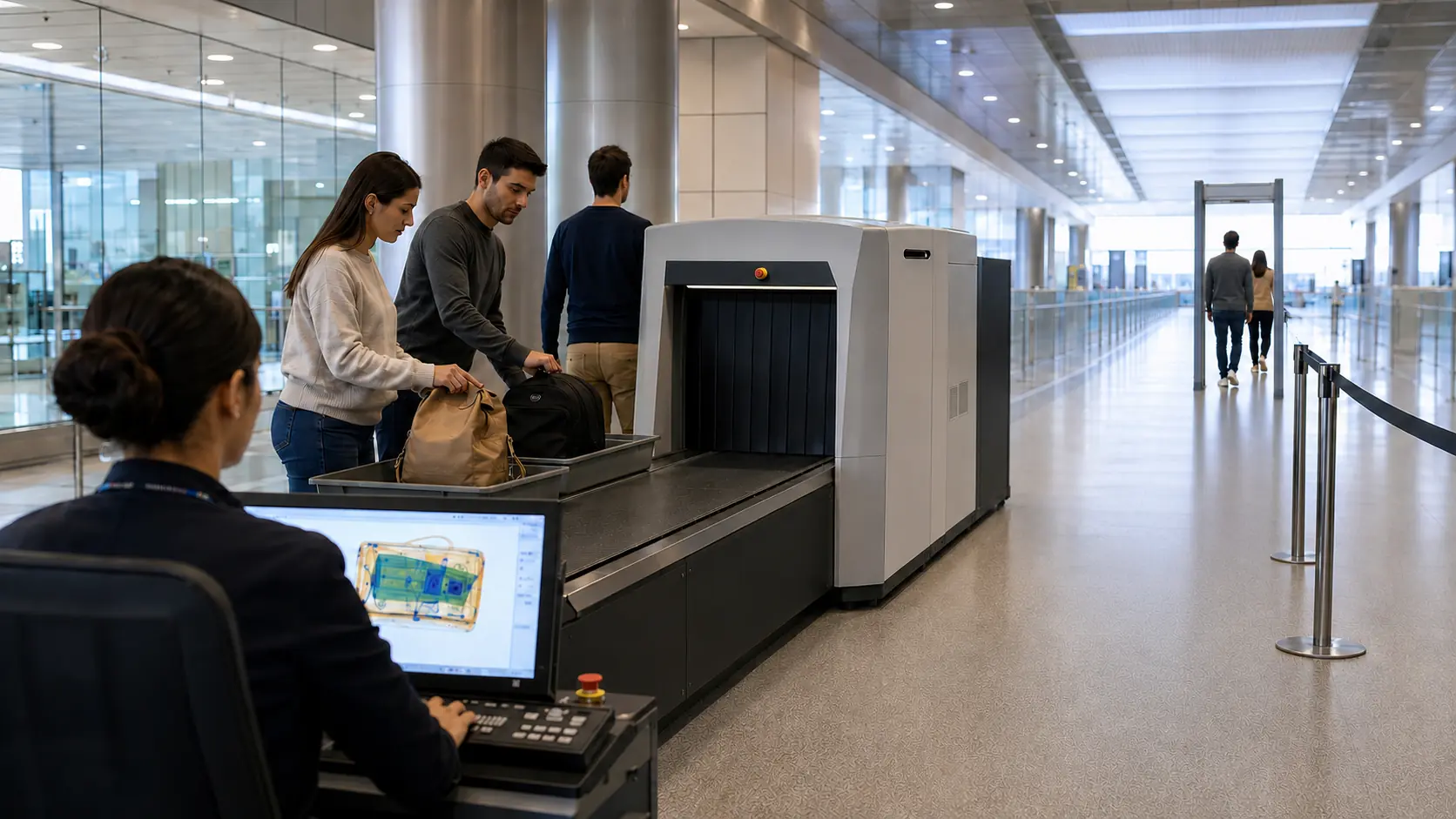 Operador de escáner de rayos X y pórtico detector de metales en un control aeroportuario