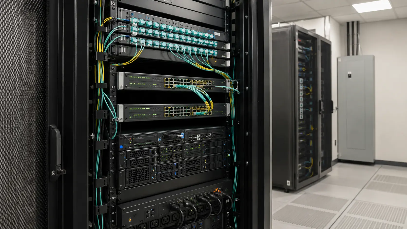 Rack de comunicaciones con fibra óptica, switches y servidores en una sala técnica corporativa