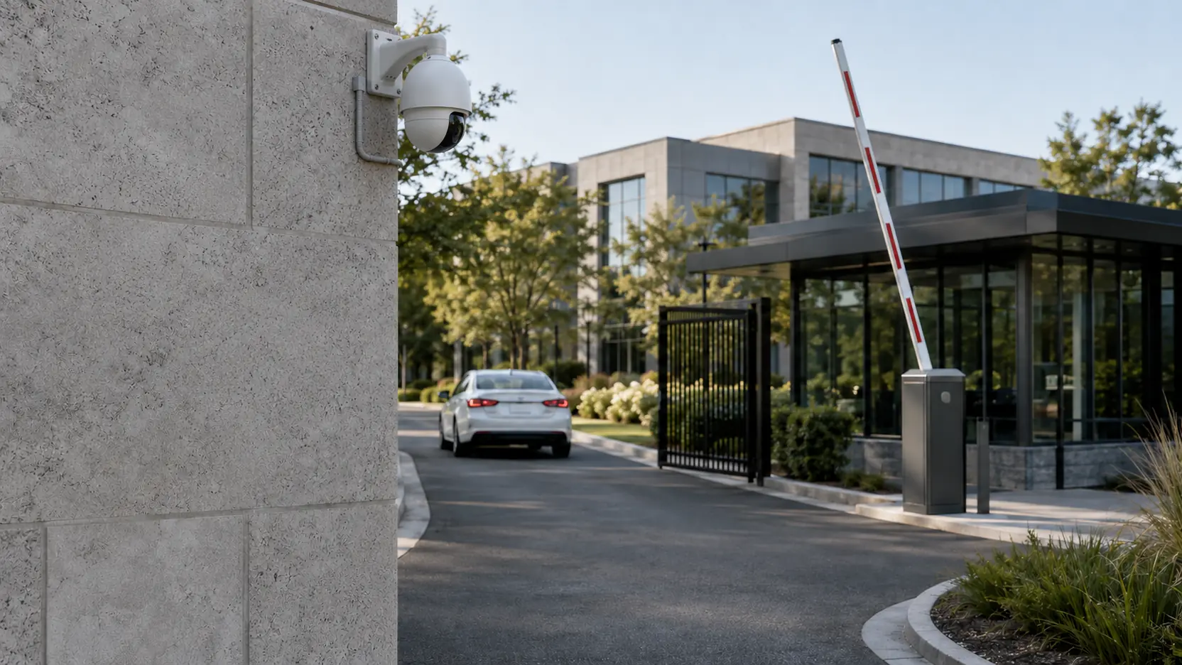 Cámara domo de videovigilancia instalada en el acceso de un complejo residencial
